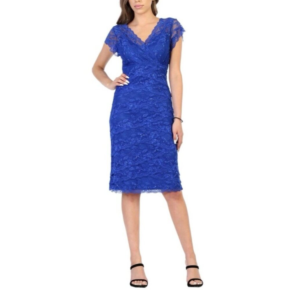 Marina Dress 16 Blue Stretch Lace Wedding Party Cruise V Neck Short Sleeve